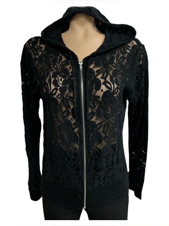 Kismet Tops - Kismet Black Lace Zip-Up Hooded Top Size L
